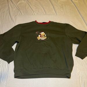 one clothing Olive Crewneck Sweater with Red Trim and Embroidered Graphic
